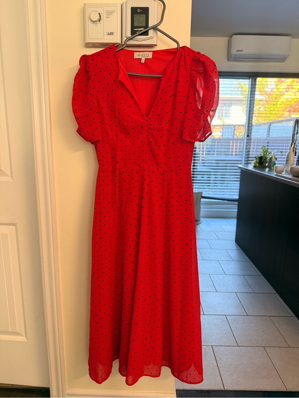 Wayf Red Midi Dress with Black Polka Dots